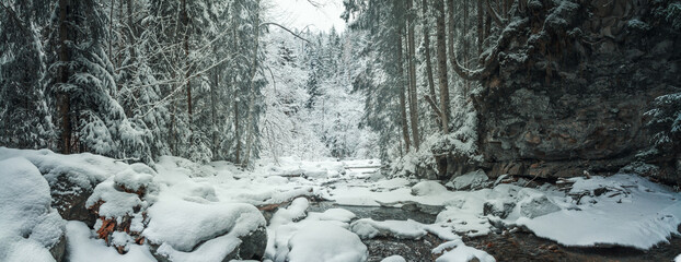 Winter landscape, panorama, banner - view of the mountain river in the winter mountain forest after snowfall
