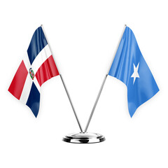 Two table flags isolated on white background 3d illustration, dominican republic and somalia