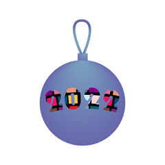 Fototapeta premium New Years toy, Christmas ball, with the inscription 2022 in trendy colors. Hand drawn.