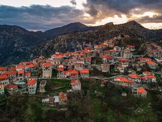 Aerial view over the beautiful historical village Dimitsana during winter period in Arcadia, Peloponnese, Greece - obrazy, fototapety, plakaty