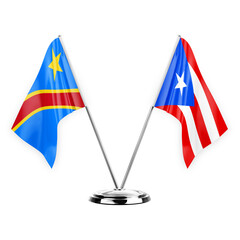 Two table flags isolated on white background 3d illustration, dr congo and puerto rico