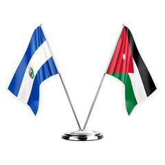 Two table flags isolated on white background 3d illustration, el salvador and jordan