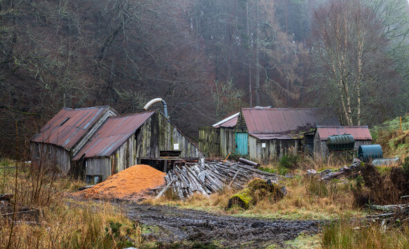 DRUMMUIR, MORAY, SCOTLAND - 23 DECEMBER 2021: This is an old sawmill situated on the edge of the small hamlet of Drummuir, Moray, Scotland on 23 December 2021.
