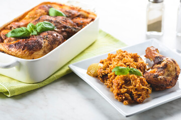 roasted chicken with rice and onions