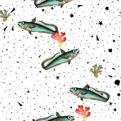 a beautiful seamless fish ocean repeated pattern hand drawn free download perfect for print, fabrics, t-shirts, mugs, packaging etc Free Vector