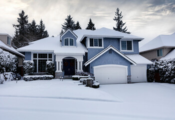 Snowflakes falling on snowy suburban home and lawn with snow in forefront - 477219855