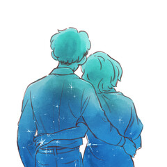 腰に手を回す男女の後ろ姿のイラスト