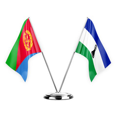 Two table flags isolated on white background 3d illustration, eritrea and lesotho