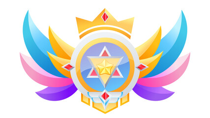 Medal with wing and crown. Game flat icons. Award vector illustration.