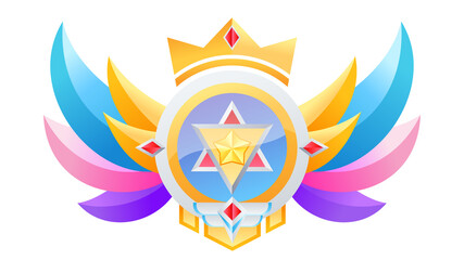 Medal with wing and crown. Game flat icons. Award vector illustration.