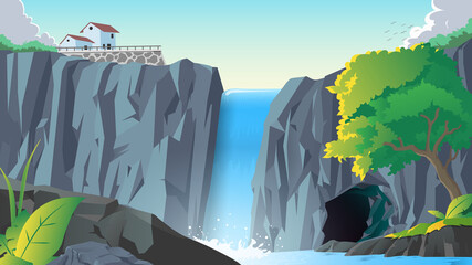 landscape illustration of nature with waterfall and cave