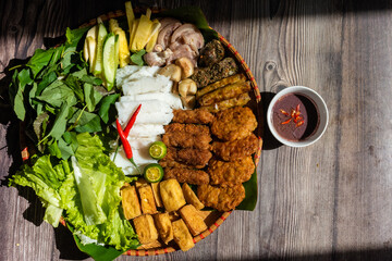 Vietnamese food set, bun dau mam tom, popular street food made from vermicelli with boiled pork,...