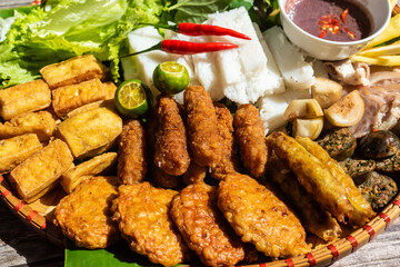 Vietnamese food set, bun dau mam tom, popular street food made from vermicelli with boiled pork,...