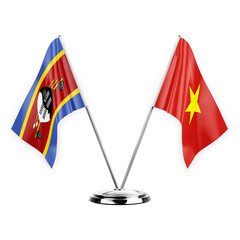 Two table flags isolated on white background 3d illustration, eswatini and vietnam