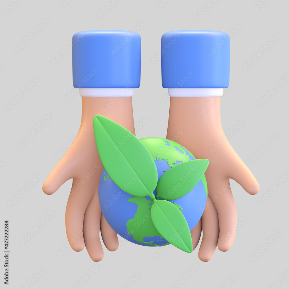 Wall mural hand holding planet earth and plant icon earth day symbol 3d render illustration