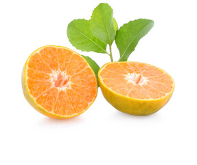 tangerine or mandarin fruit with leaves isolated on white background