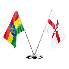 Two table flags isolated on white background 3d illustration, ethiopia and ireland