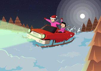 couple driving a snow car cheerfully