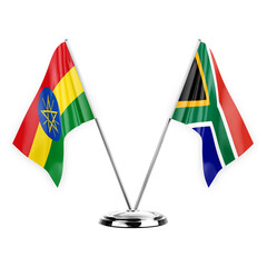 Two table flags isolated on white background 3d illustration, ethiopia and south africa