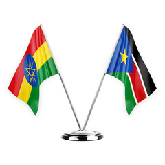 Two table flags isolated on white background 3d illustration, ethiopia and south sudan