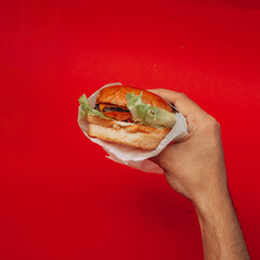Fototapeta Hamburguesa deliciosa comida rápida sostenida con la mano de hombre con fondo rojo obraz