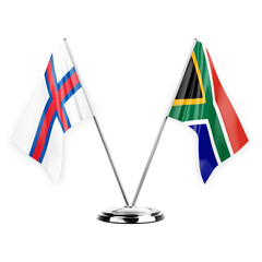 Two table flags isolated on white background 3d illustration, faroe islands and south africa