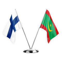 Two table flags isolated on white background 3d illustration, finland and mauritania