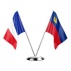 Two table flags isolated on white background 3d illustration, france and liechtenstein