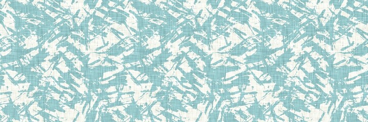 Aegean teal streaked border strip linen texture background. Coastal summer style home decor fabric effect. Sea green wash grunge edge material. Decorative textile mottle seamless pattern banner. 