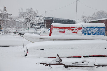 Boats & ships, fishing ships, standing on the riverbanks of the river Tamis in Pancevo, Serbia...