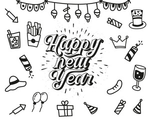 Happy new year background. Happy  new year lettering with hand drawn doodle vector