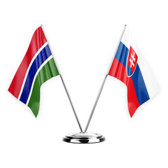 Two table flags isolated on white background 3d illustration, gambia and slovakia