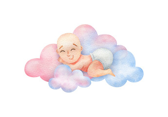 A gender-neutral baby sleeps on clouds. Watercolor illustration of a newborn baby. Children's clipart in pink and blue colors isolated on a white background