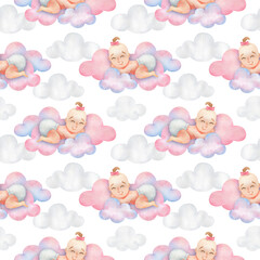Seamless pattern for a newborn baby girl. A small child sleeps on the clouds. White background with pink watercolor ornament. Cute print for baby fabric, paper, packaging, scrapbooking