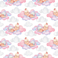 Seamless pattern for a newborn baby girl. A small child sleeps on the clouds. White background with pink watercolor ornament. Cute print for baby fabric, paper, packaging, scrapbooking