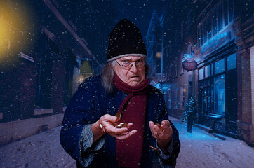 Scrooge holding gold coins, walking in street under the snow on a Christmas Eve