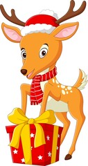 Cute little deer cartoon with a gift