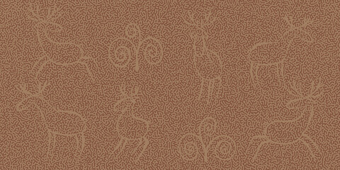 Horizontal textured background with animal silhouettes in the doodle style. Deer and plants. Vector brown backdrop with Turing texture. For banners, posters, wallpapers, etc.
