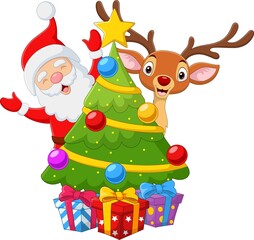 Happy santa claus with reindeer in a christmas tree and presents