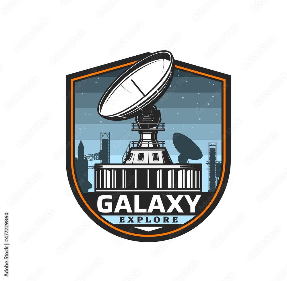 Poster space telescope icon, galaxy planets exploration and astronomy station, vector. space observatory at