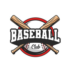 Baseball sport club icon with crossed bats and ball, softball team vector badge. Baseball varsity league or school sport club emblem with crossed bats for tournament or championship game - obrazy, fototapety, plakaty