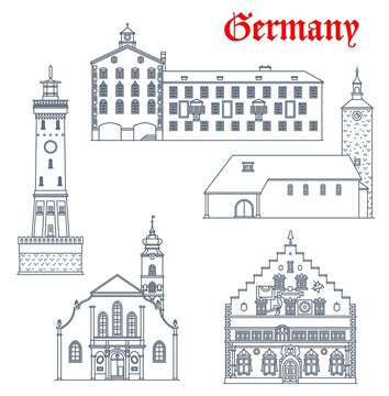 Germany, Lindau architecture buildings and travel landmarks of Bavaria, vector. St Stephen church or Stephanskirche, Altes rathaus town hall of Garmisch-Partenkirchen and Neue Leuchtturm lighthouse