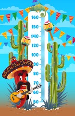 Kids height chart, mexican mariachi pepper with guitar. Growth measure meter with cartoon vector chili or jalapeno character at scale, cactus, maracas and agave plant. Children height measurement
