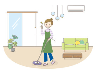 室内を掃除する笑顔の女性とインテリア