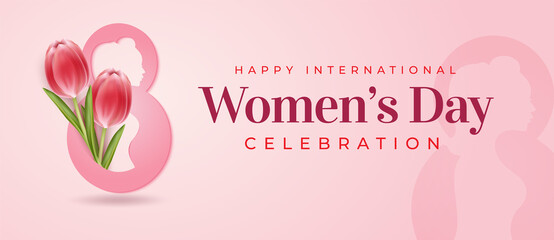 Obraz na płótnie Canvas Realistic banner happy women's day with symbol woman silhouette concept vector illustration