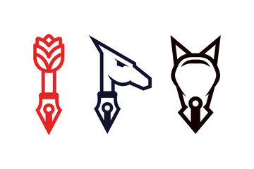 a collection of logos with the basic object being a pen combined with a flower, a horse head and a dog head. flat monochrome color. outline style logo design template.