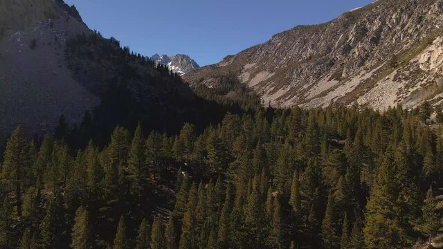 Aerial Of Mountain Valley forest, King canyon national park big pine lakes california