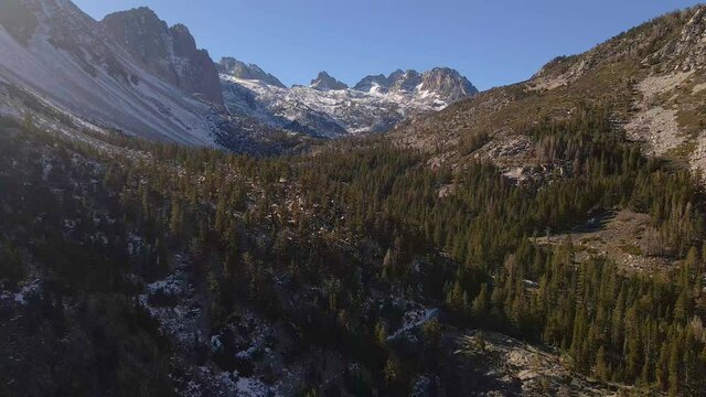 Aerial Of Mountain Glaciers Valley forest, King canyon national park big pine lakes california
