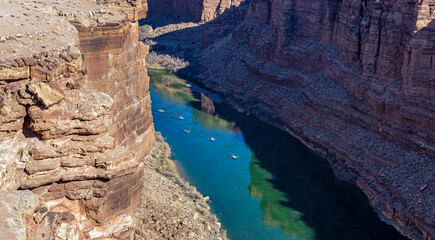Elevated View Of River Rafters On The Colorado River In Arizona Near Lees Ferry