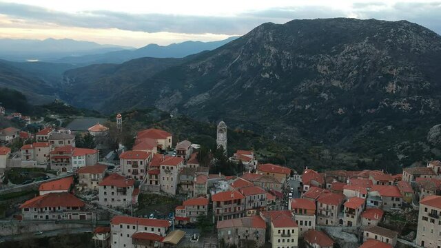 Aerial view over the beautiful historical village Dimitsana during winter period in Arcadia, Peloponnese, Greece